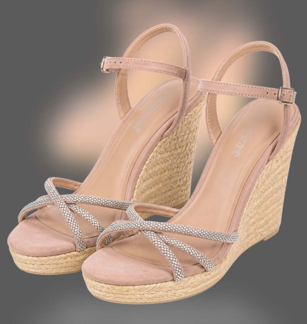 ShoeDazzle Kelsie Rhinestone Embellished Strappy Espadrille Wedge Sandals